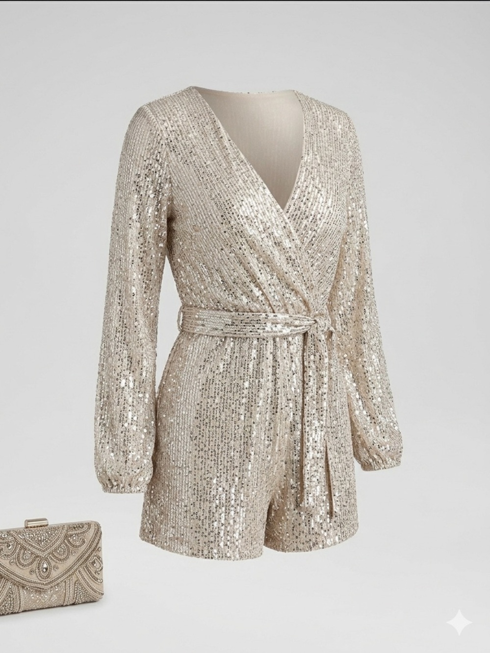Aakaa Silver Sequin Wrap Romper - Picture 4 of 8